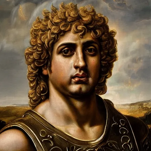 Image similar to A 17th century Baroque Painting of Alexander the Great, portrait of Alexander the Great, grainy, realistic, very realistic, hyperrealistic, highly detailed, very detailed, extremely detailed, very neat, very epic, very cool, detailed, trending on artstation