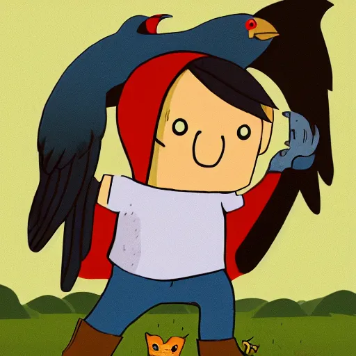 Prompt: a small boy with dark hair, wearing farm clothes, he has a small crow on his shoulder, artstation, inspired by adventure time,