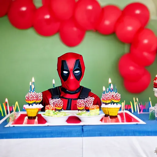 Image similar to birthday party photo of deadpool