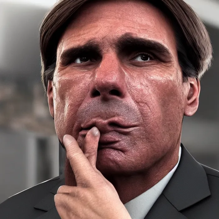 Image similar to photo of Jair Bolsonaro crying looking to workers party , hyper realism, high detail, octane render, 8k, chrome accents