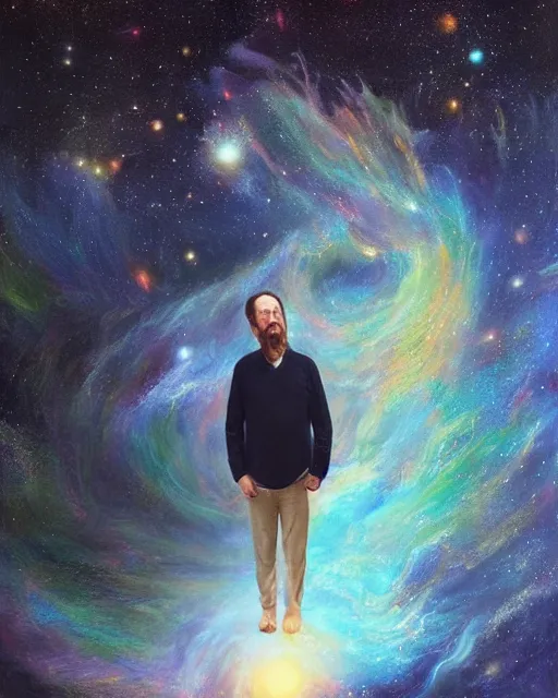 Image similar to alan watts floating in the universe portrait painting highly detailed procreate, 3d render senior artist, photorealistic, textured, featured on artstation