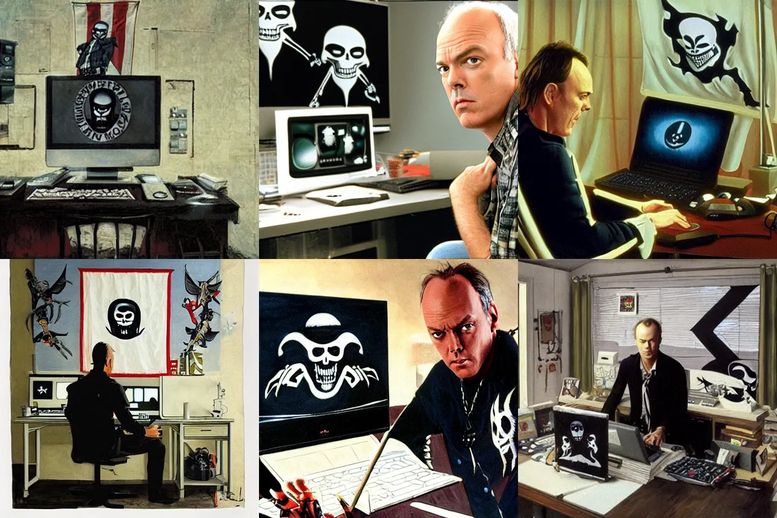 Prompt: michael keaton in his computer with a jolly Roger flag in the middle of the white screen, painting by James gurney