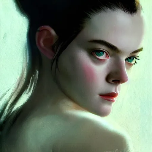 Image similar to ultra realistic portrait painting of elle fanning in ghost in the shell, art by frank frazetta, 4 k, ultra realistic, highly detailed, epic lighting