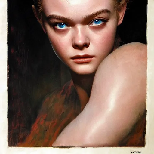 Image similar to ultra realistic medium shot portrait painting of elle fanning in the painted world of resident evil and bruce pennington, art by frank frazetta, 4 k, ultra realistic, highly detailed, epic lighting