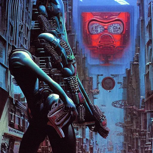 Image similar to a hyperrealistic painting of a cyberpunk city with cyborg pepe the frog fighting a mech. aliens watching from flying cars. westworld cinematic horror by chris cunningham, richard corben, highly detailed, vivid color, beksinski painting, part by hr giger, adrian ghenie and gerhard richter. art by takato yamamoto. masterpiece