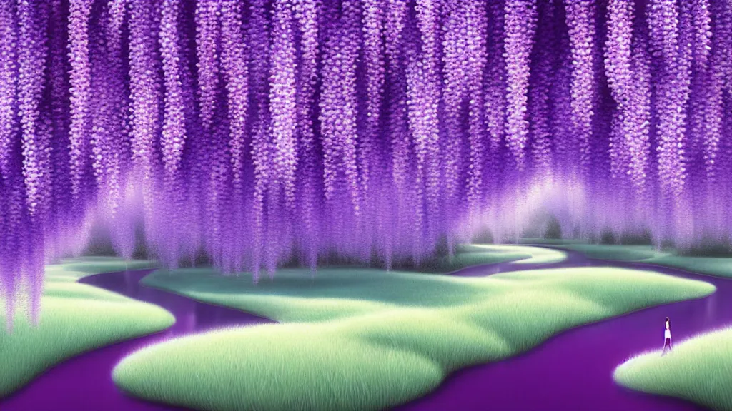 Prompt: digital painting of a lush sinuous river valley by artgerm. purple river. cold icy day. chiho aoshima. wisteria. digital render. detailed. beautiful landscape.