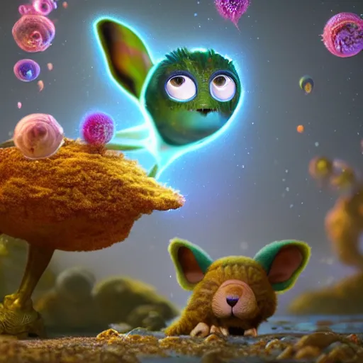 Image similar to tiny hades, expressive eyes, floating, rbc, radiolaria, bunny, protophyta, micro - organisms, center frame, symmetric, rim light, marine microbiology, bioluminescence, electric, fur, soft, concept art, intricate details, highly detailed, colorful, photorealistic, disney pixar, octane render, iridescent, anime