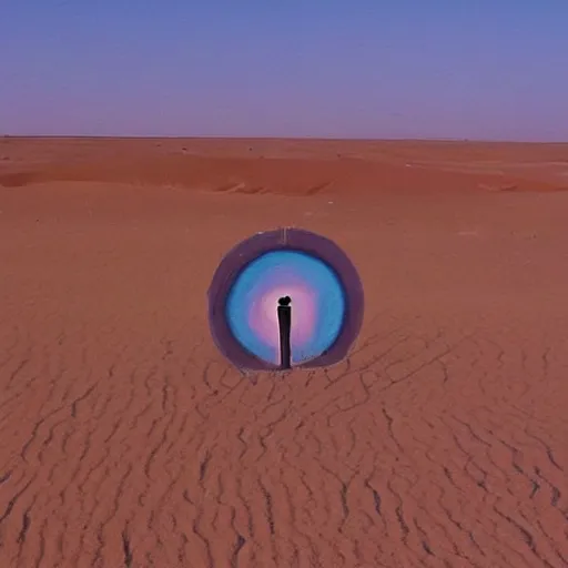 Prompt: A circular time portal in the desert through which an ancient desert is visible, painting