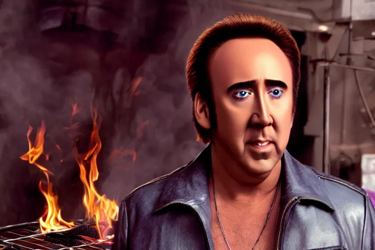 Image similar to Nicolas cage in barbie grilling high resolution still film