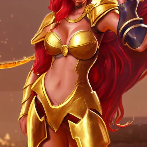 Image similar to leona from league of legends wearing gold and scarlet armor drinking pepsi max on a hot summer day at the beach. she is wearing wearing gold and scarlet armor. digital illustration, trending on artstation, highly detailed, excellent beautiful lighting,