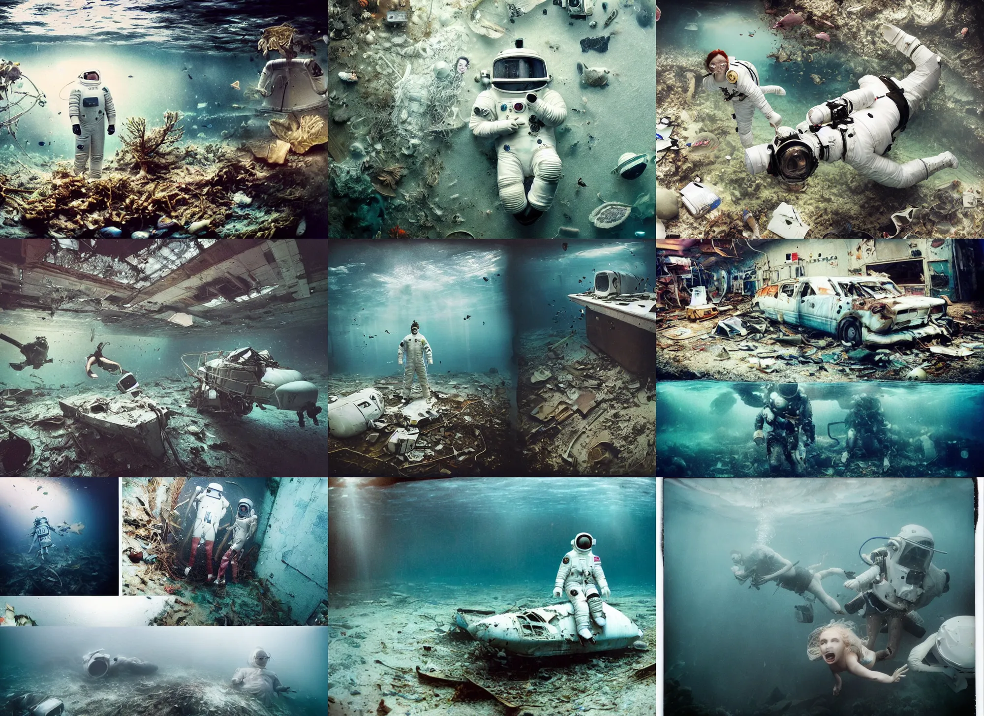 Prompt: very realistic underwater photographs of american white spacesuit chubby astronaut in postapocalyptic abandoned destroyed deep sea times square, wrecked buildings, destroyed flipped wrecked cars, underwater polaroid photo, vintage, neutral colors, underwater, by shawn heinrichs and gregory crewdson
