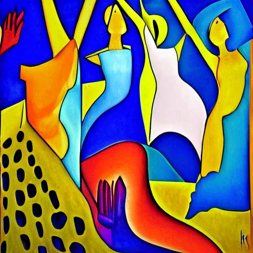 Prompt: the women gathered by the river to dance as the sun set , high quality digital art in the style of cubism and georgia o’ keefe,