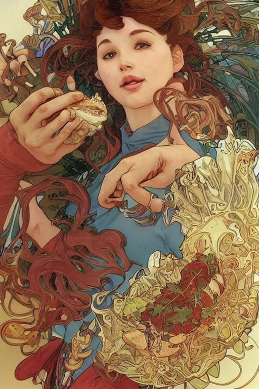 Image similar to software engineers eating chicken sandwiches, by artgerm and moebius and alphonse mucha, hyperdetailed, dc comics, explosions in the sky, trending on deviantart