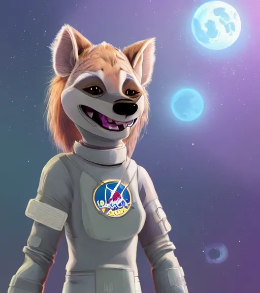 Image similar to digital detailed full body of anthromorphic female hyena, in style of zootopia, fursona, furry, furaffinity, 4 k, deviantart, wearing astronaut outfit, in style of zootopia, floating in space, space background, in deep space, dark background, hyena fursona, cyberpunk, female, stylized face,