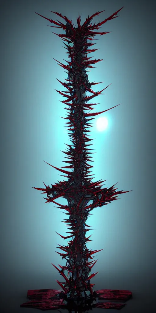 Image similar to 3 d photographic render of a torii gate sculpture, fractal chrometype, made of liquid metal, neotribal with thorns and thunders, cyberpunk japanese temple, raytraced, hyper realistic, volumetric lightning, 8 k, by zhelong xu, ouchh and and innate studio