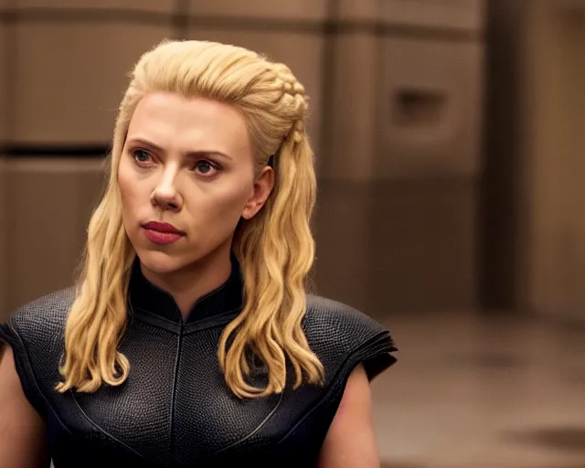 Prompt: scarlett johansson, in starfleet uniform, playing lagertha in a scene from the tv series vikings