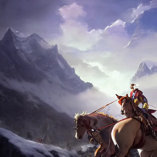 Prompt: Napoleon Crossing the Alps, with an alien horse, atmospheric lighting, by Makoto Shinkai and Ruan Jia