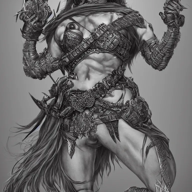Image similar to wide shot of muscular female owl warrior, realistic proportions, sharp focus, beautiful face, wearing feather armor, wielding an owl broadsword, symmetrical, highly detailed, engraving kentaro miura manga art style trending on artstation 8 k