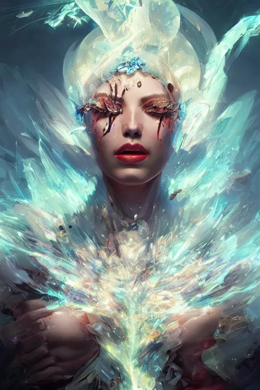 Image similar to torso closeup model wearing exploding ice electricity dress, sorcerer, diamonds, angel, fantasy, dramatic lighting, highly detailed, digital painting, holding electricity, magic the gathering, hyper detailed, 3 d render, hyper realistic detailed portrait, peter mohrbacher, wlop, ruan jia