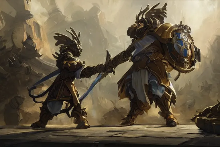 Prompt: an armored leonin teaching an artificer a visual melody in the neoclassical era, golden ratio, hearthstone art style, epic fantasy style art by Craig Mullins, fantasy epic digital art, epic fantasy card game art by Greg Rutkowski