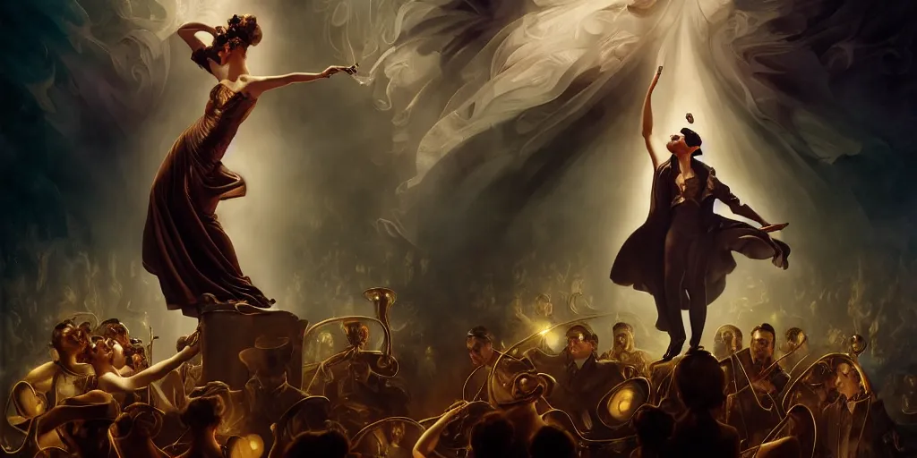 Image similar to a conductor conducting an orchestra, by Rolf Armstrong and Evelyn De Morgan and Bastien Lecouffe-Deharme, dramatic lighting, high contrast colors, baroque, empyrean, panoramic view, as trending on Artstation, highly detailed, doom engine,