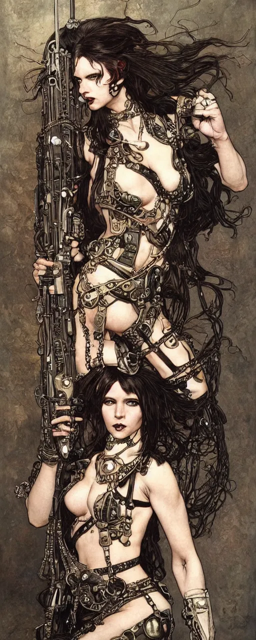 Prompt: striking sensual gorgeous crustpunk art nouveau portrait of cristina ricci as an ironpunk heavy metal rebel soldier by travis charest, simon bisley and alphonse mucha, photorealism, extremely hyperdetailed, perfect symmetrical facial features, perfect anatomy, ornate declotage, excited expression, wild eyes