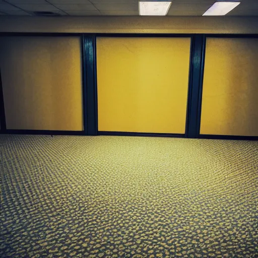 Image similar to low quality photo of the backrooms, mono - yellow old moist carpet randomly connected infinite empty office space yellow colors warm light ominous yellow wallpaper 9 0 s