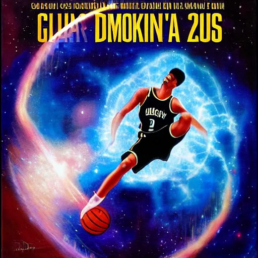 Image similar to cosmic basketball player dunking a basketball hoop in a nebula, an oil painting, by ( leonardo da vinci ) and greg rutkowski and rafal olbinski and ross tran, award - winning magazine cover