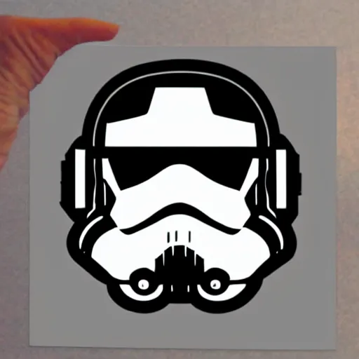 Image similar to svg sticker of a Pop-Wonder Storm-Trooper-Mandolorian-Helmet-Head-Hero-Villain at a rave, spinning records, giant headphones rocking out, wearing headphones, huge speakers, dancing, rave, DJ, spinning records, digital art, amazing composition, rule-of-thirds, award-winning, trending on artstation, featured on deviantart