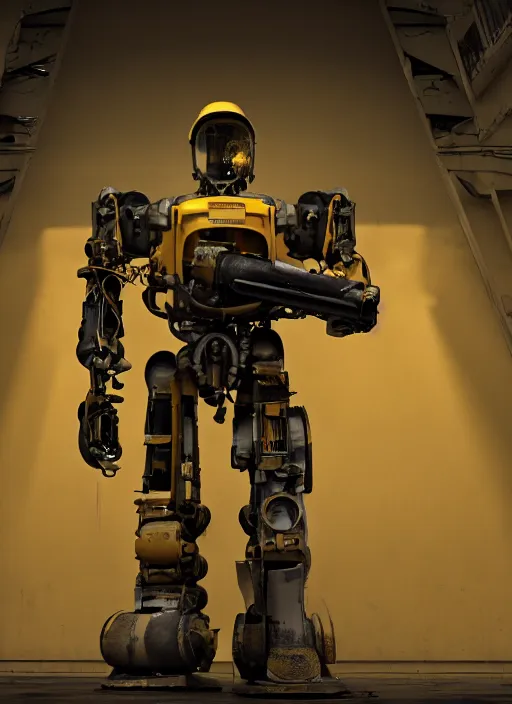 Image similar to a photorealistic dramatic hyperrealistic render of a futuristic exosuit power loader heavy machinery, ultra realistic details, glossy yellow, well worn, rust, oil stains by vitaly bulgarov and mike nash, beautiful dramatic dark moody tones and lighting, cinematic atmosphere, studio lighting, shadows, dark background, octane render, 8 k