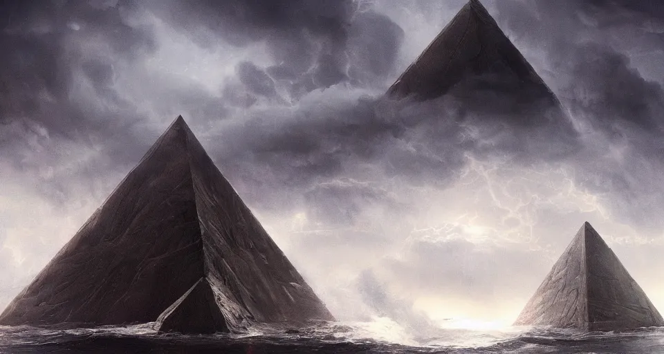 Prompt: black lovecraftian obsidian pyramid!! on a snowy island surrounded by raging stormy seas by eugene von guerard, ivan shishkin, night, red lightning!!, storm, dramatic lighting, concept art, trending on artstation, 8 k