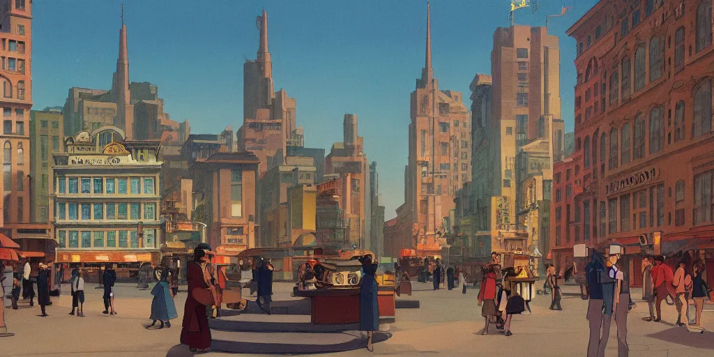 Image similar to A radiant atomic generator building lights up a city square, dieselpunk, by Studio Ghibli and Edward Hopper