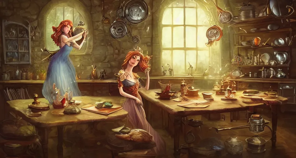 Image similar to a mid - shot of a fairy in a vintage magical kitchen, with one vintage book on a table, with a fireplace in the background d & d, fantasy, intricate, elegant, highly detailed, digital painting, artstation, concept art, smooth, sharp focus, illustration