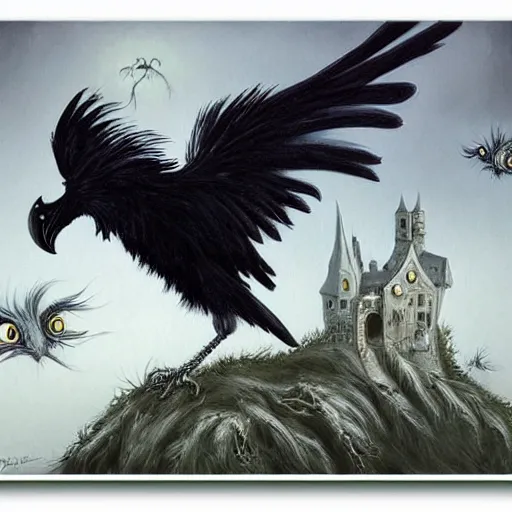 Prompt: fantasy painting of a raven by tim burton | horror themed | creepy