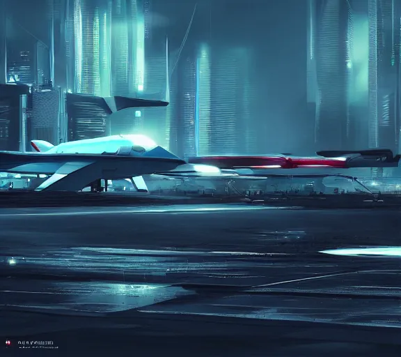 Image similar to futuristic sci fi jet lands at runway of cyberpunk city, night photo ,dark cinematic lighting , digital concept art