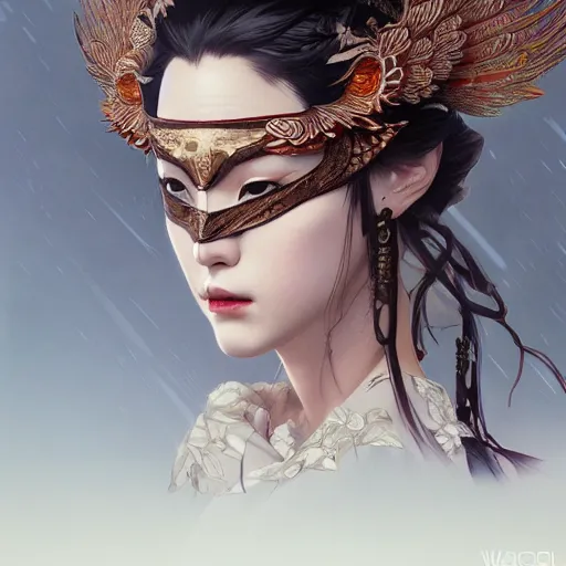 Image similar to a photorealistic dramatic fantasy render of a beautiful woman wearing a beautiful intricately detailed japanese crow kitsune mask and clasical japanese kimono by wlop, artgerm, greg rutkowski, alphonse mucha, beautiful dynamic dramatic dark moody lighting, shadows, cinematic atmosphere, artstation, concept design art, octane render, 8 k