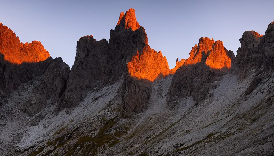 Image similar to Three peaks of Lavaredo at dawn, dramatic lighting