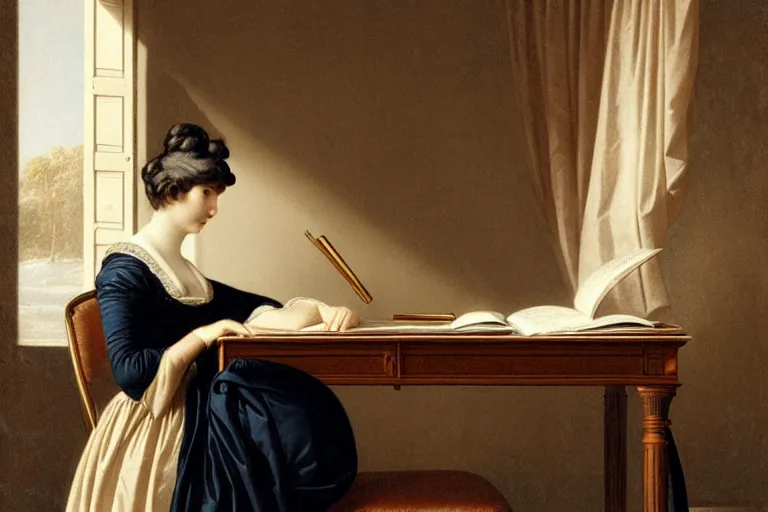 Prompt: 1 8 1 0 s lady writing at her desk in formless dress by vittorio reggianini, georgian dress, directoire style, regency, empire silhouette, bright lighting, perfectly detailed eyes, beautiful hands, pale skin, clear face