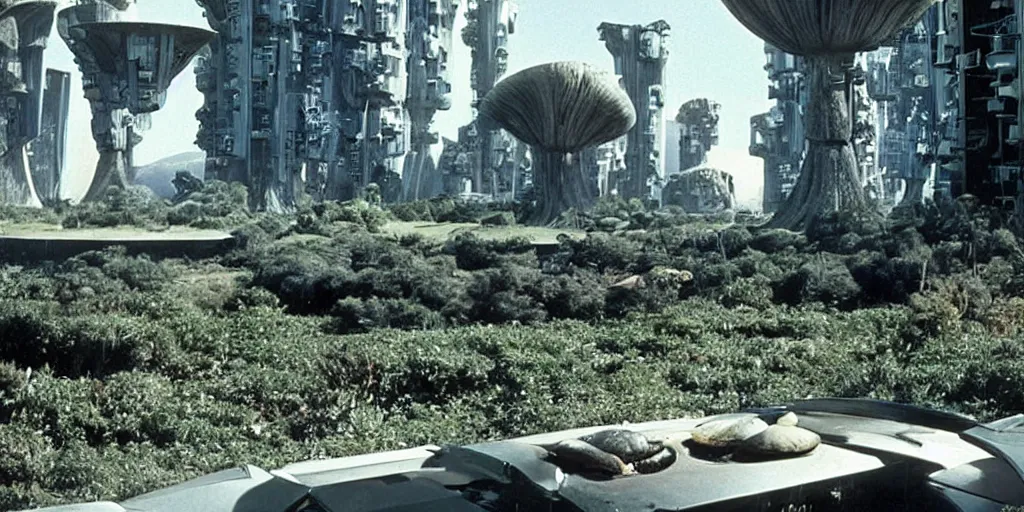 Image similar to outside view of a futuristic luxury apartment on a desolate mining planet with a lush mushroom vegetation, giant mushrooms, film still of a sci - fi movie, 1 9 8 0 s science fiction, ridley scott,