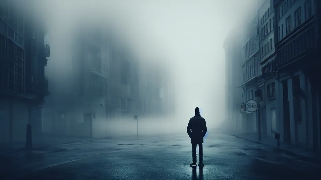 Prompt: a close portrait of a man with a street in the background, fog, volumetric lighting, mystique, atmospheric, sharp focus, ultra detailed, noir art house, 4 k, cinematic, 3 5 mm