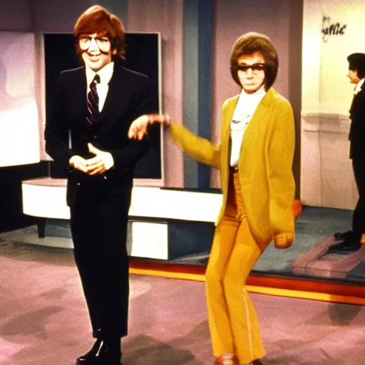 Image similar to on the full color tv set of ed sullivan, john lennon is guest starring as the host, 7 0 s color grade