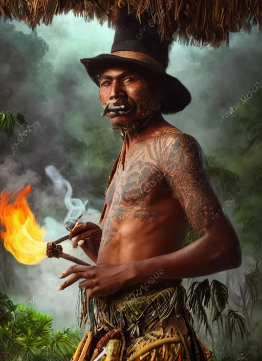 Image similar to a beautiful portrait of an indigenous man with black skin with a wide hat in the jungle, surrounded by smoke, smoking a pipe, mysterious atmosphere, fantasy art, matte painting, highly detailed