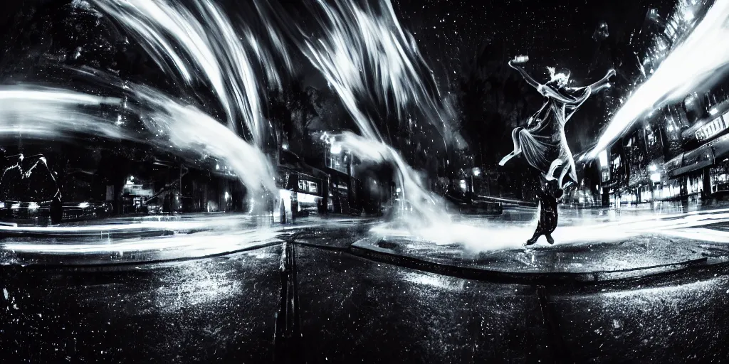 Image similar to fisheye lens slow motion with trail effect of futuristic break dancer wearing floating long dress with neon lights, long exposure shot , at night in the middle of a rainy street, paddle of water, steam, fog, water splashes, rim lights, glossy reflections, water droplets on lens, octane render, dark and dramatic, explosions in the background, detailed and soft, fisheye lens, smooth, sharp focus, illustration, art by artgerm and greg rutkowski and Makoto shinkai