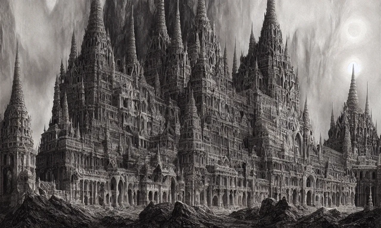 Image similar to A Spectacular View of the Grand Palace of a King of Hell, art by Gustav Dorê and Marc Simonetti and Alan Lee