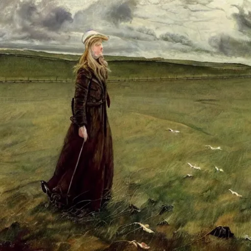 Image similar to Elle Fanning in the world of Andrew Wyeth, stormy weather, extremely detailed masterpiece, oil on canvas, Roger Deakin’s cinematography, by Norman Rockwell,