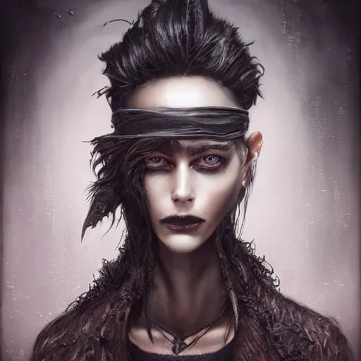 Prompt: portrait painting of an androgynous witch with shoulder length flowing black hair pale skin and beautiful dark brown eyes wearing a punk clothes, ultra realistic, concept art, intricate details, eerie, highly detailed, photorealistic, octane render, 8 k, unreal engine. art by artgerm and greg rutkowski and magali villeneuve