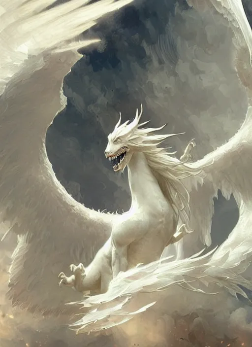 Image similar to an angelic white dragon, highly detailed, digital painting, artstation, concept art, sharp focus, illustration, art by greg rutkowski and alphonse mucha