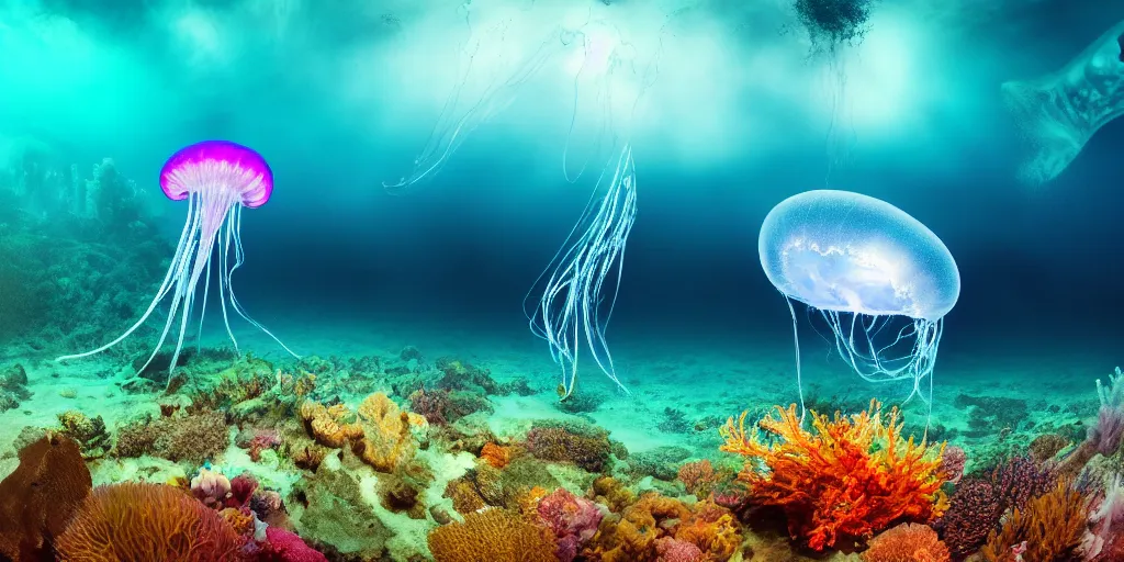 Prompt: full - length professional photo underwater landscape with a transparent big flying jellyfish, rgb 1 9 4, 1 9 0, 1 8 9 colors, ultra high detailed, rgb 2 3 6, 2 3 9, 2 5 5 volumetric lightning, photo by, jacques - yves cousteau