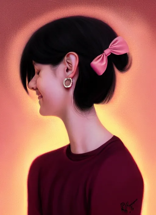 Image similar to portrait of teenage girl, realistic, black hair, bangs, half updo hairstyle, pointy nose, skinny, smile, ugly, defined jawline, big chin, pink hair bow, earrings, intricate, elegant, glowing lights, highly detailed, digital painting, artstation, sharp focus, illustration, art by wlop, mars ravelo and greg rutkowski