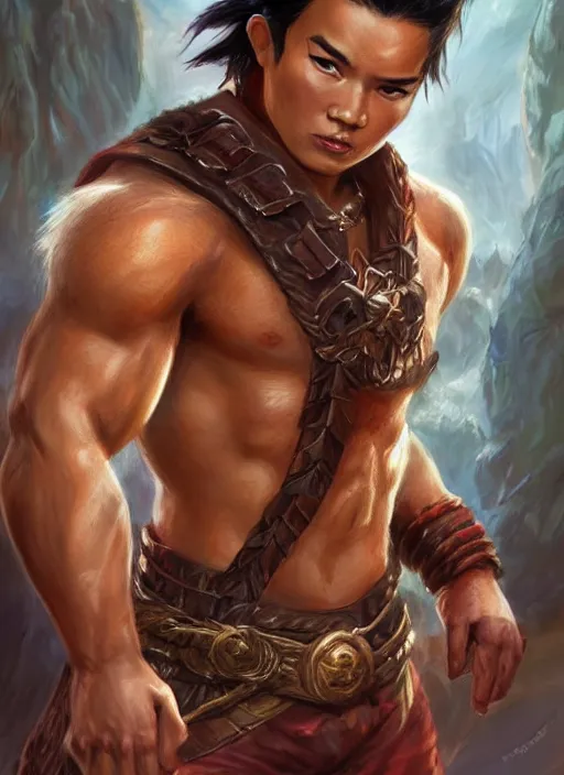 Image similar to muscly asian man mid parted hair, dndbeyond, bright, colourful, realistic, dnd character portrait, full body, pathfinder, pinterest, art by ralph horsley, dnd, rpg, lotr game design fanart by concept art, behance hd, artstation, deviantart, hdr render in unreal engine 5